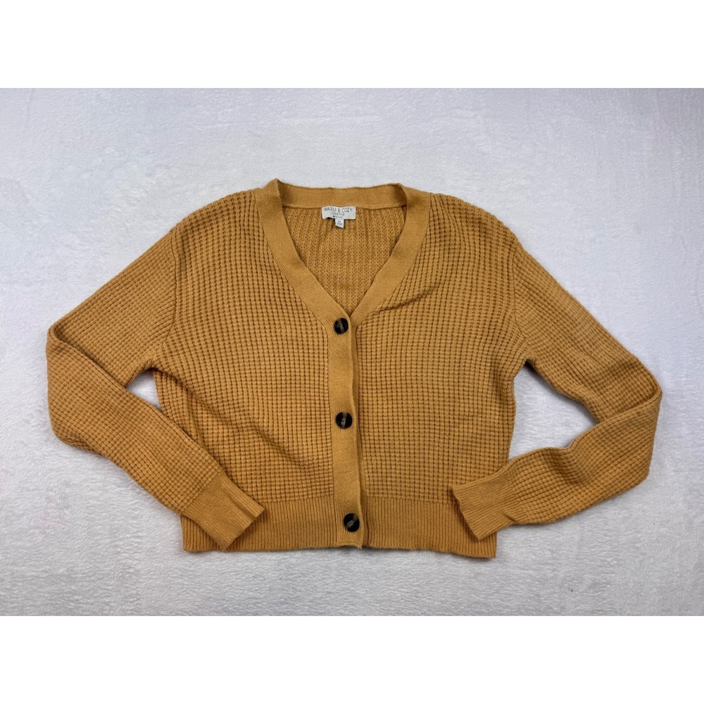 Warm & Cozy Lifestyle Mustard Yellow Waffle Knit Cardigan Sweater Womens Medium